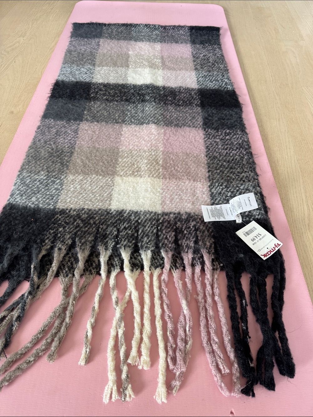 Max Studio Pink & Gray Plaid Fringe Scarf 80” Long